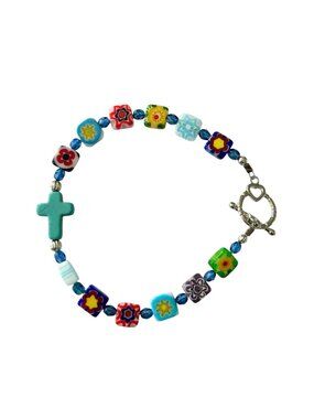 ARTISAN Cross bracelet Multicolor Floral Glass beads Toggle clasp